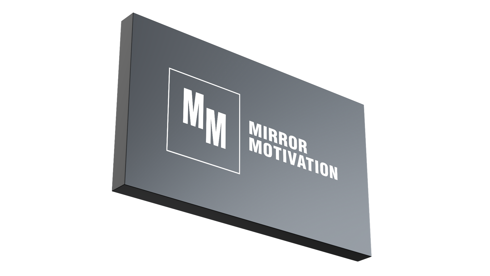 Mirror Motivation — a slim 7-inch smart display mounted to a bathroom mirror, glowing with the brand wordmark in a dark modern bathroom.